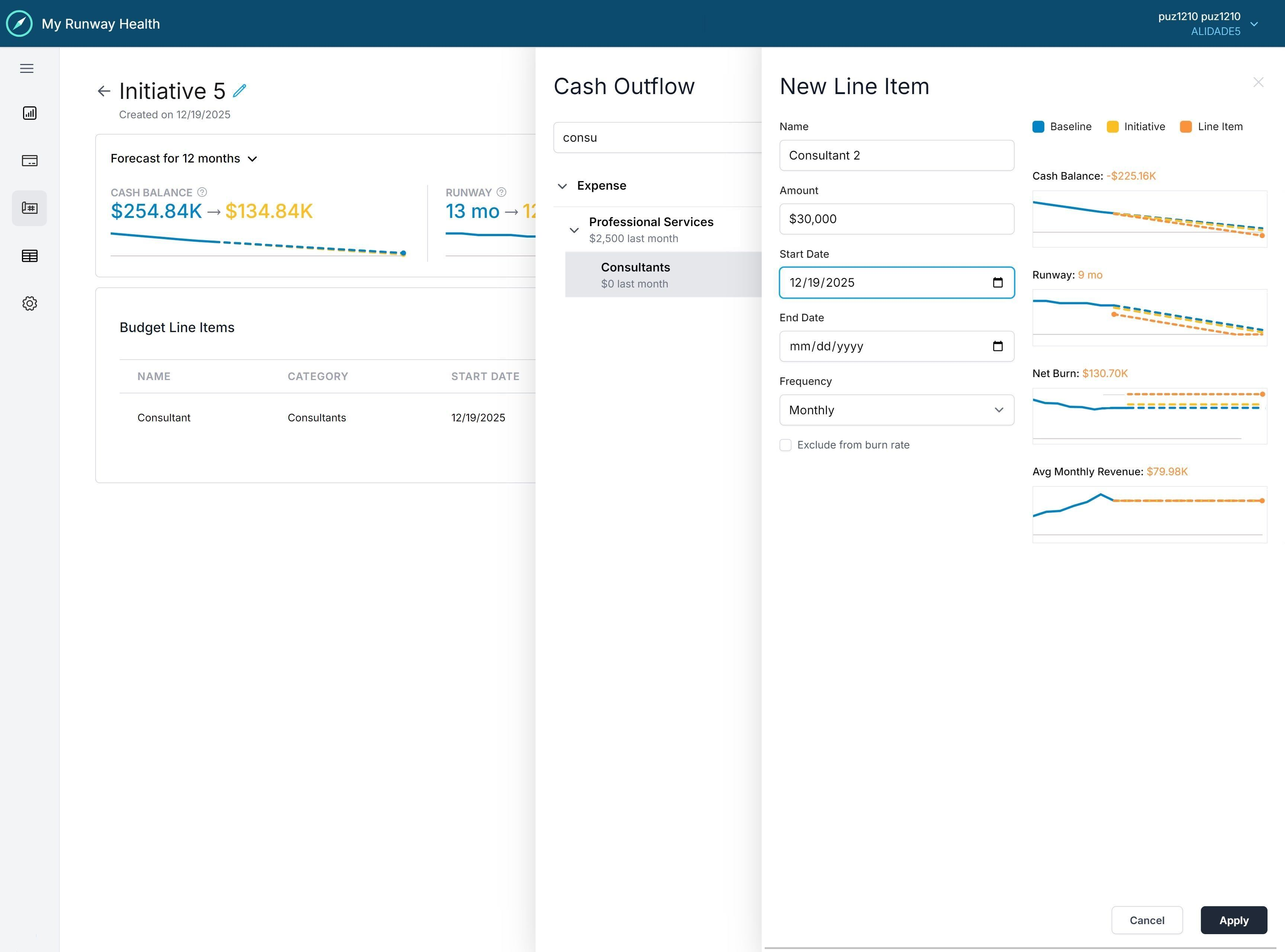 My Runway Health modern financial dashboard